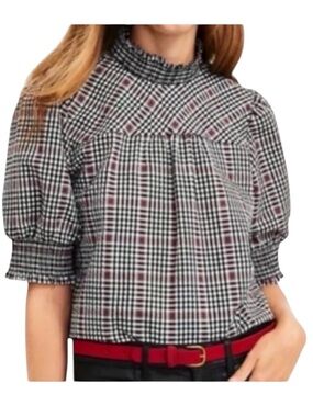 LOFT Plaid Smocked Mock Neck Puff Short Sleeve Top Black White Red